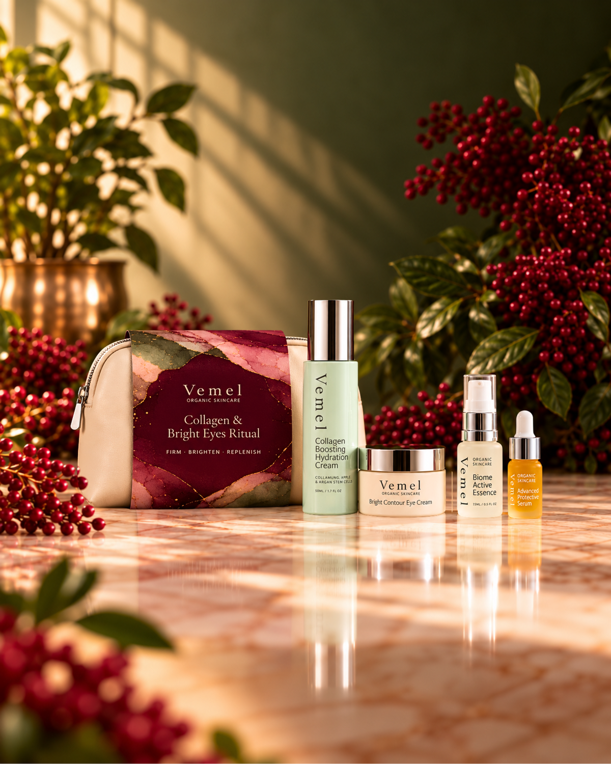 Organic waterless Collagen & Bright Eyes Christmas skincare gift set for mature and menopausal skin by Vemel